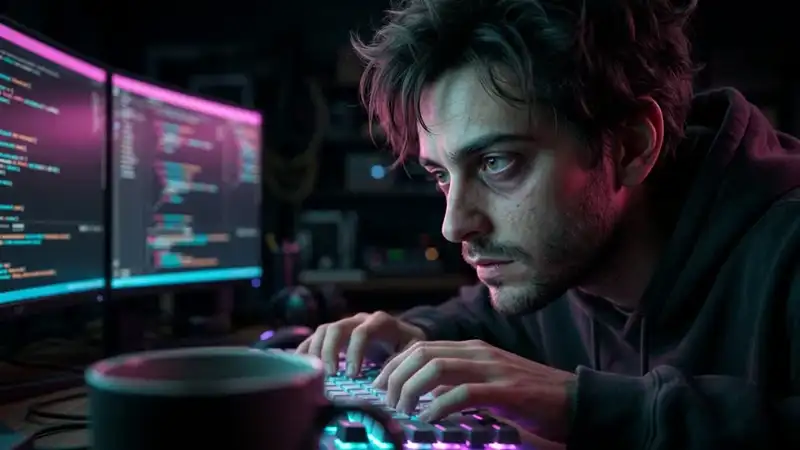 Developer typing on a glowing keyboard