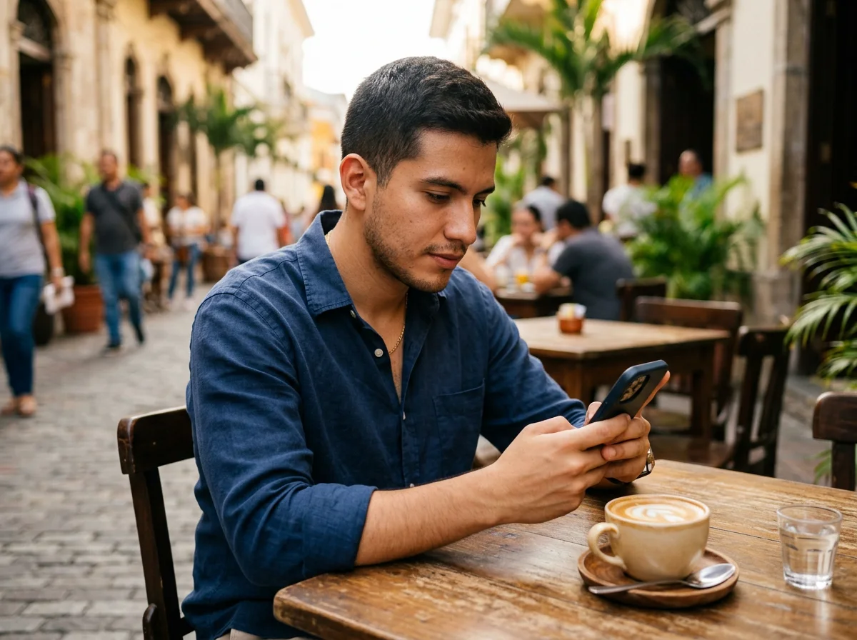 A young man in a café checks his finances on his phone