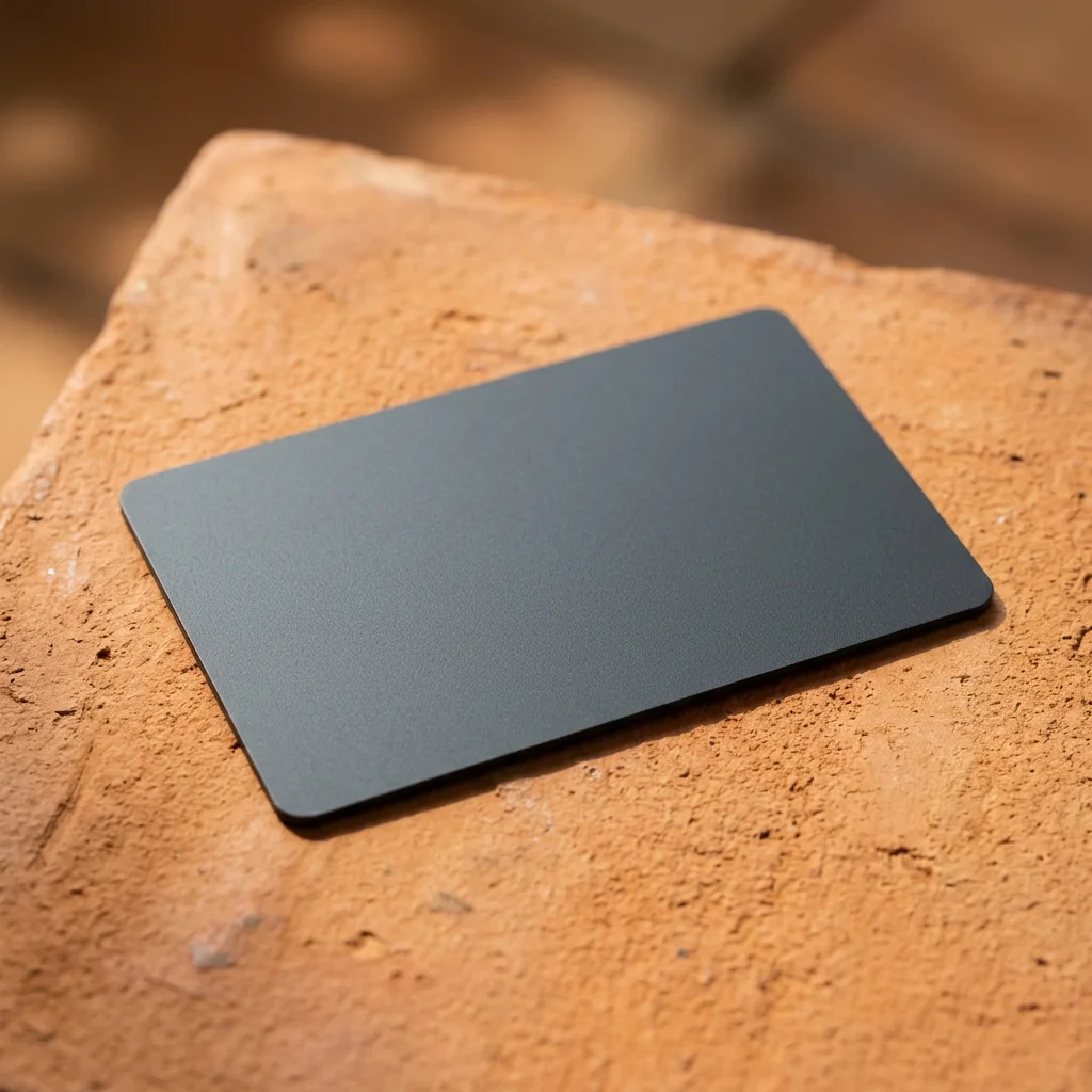 A matte, minimalist debit card on a terracotta background