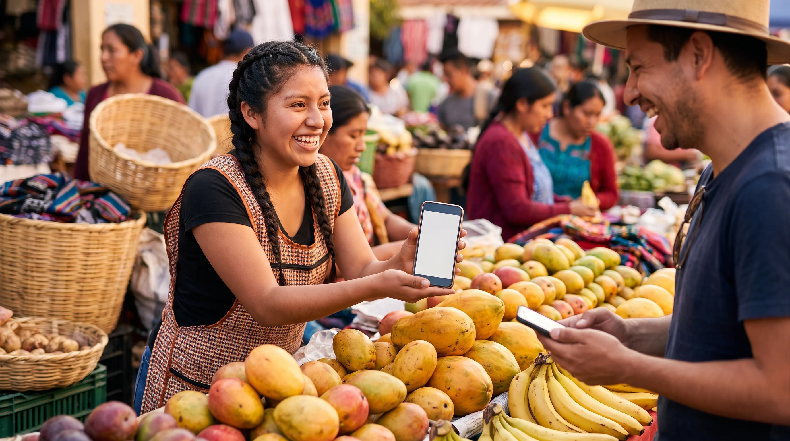 A vendor at her market stall smiles as a payment comes in on her phone