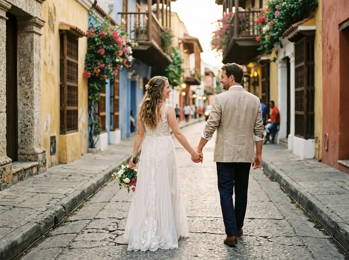 A couple walks hand in hand down a colonial street of colorful houses and flower-filled balconies in the walled city.