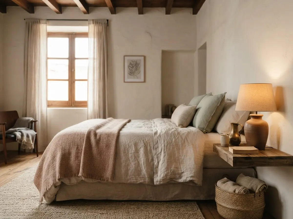 A Casa Índigo room with a pale linen bed, wooden beams, a curtained window and a warm-glowing lamp.