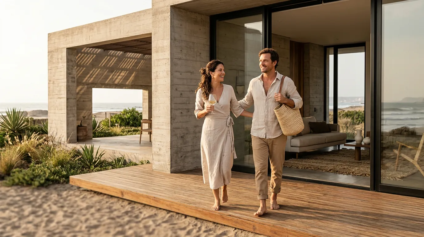 Concrete and timber beach house with a terrace facing the ocean.