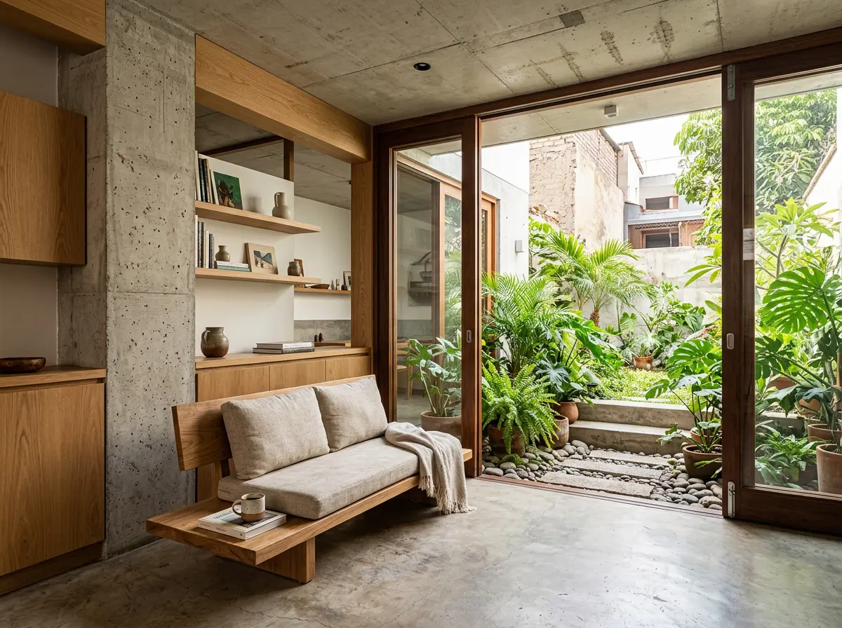 Living room with a timber bench and a concrete wall opening onto a garden courtyard.