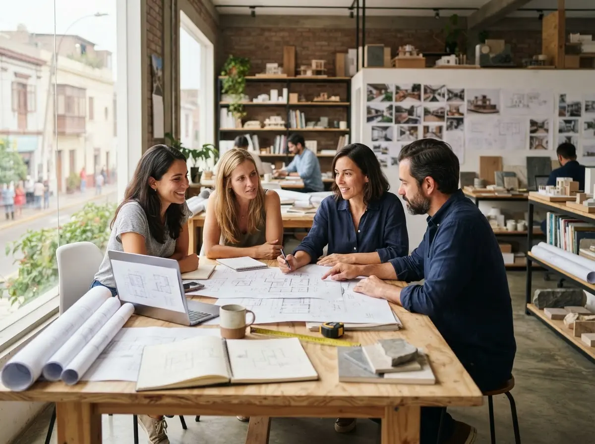 The studio team gathered around a table covered in plans in the workshop.