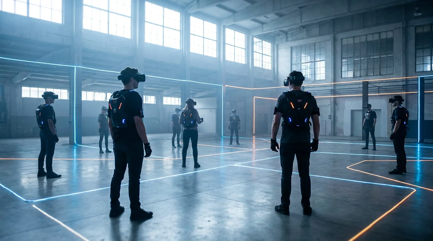 A free-roam VR arena where several players in headsets move through the space