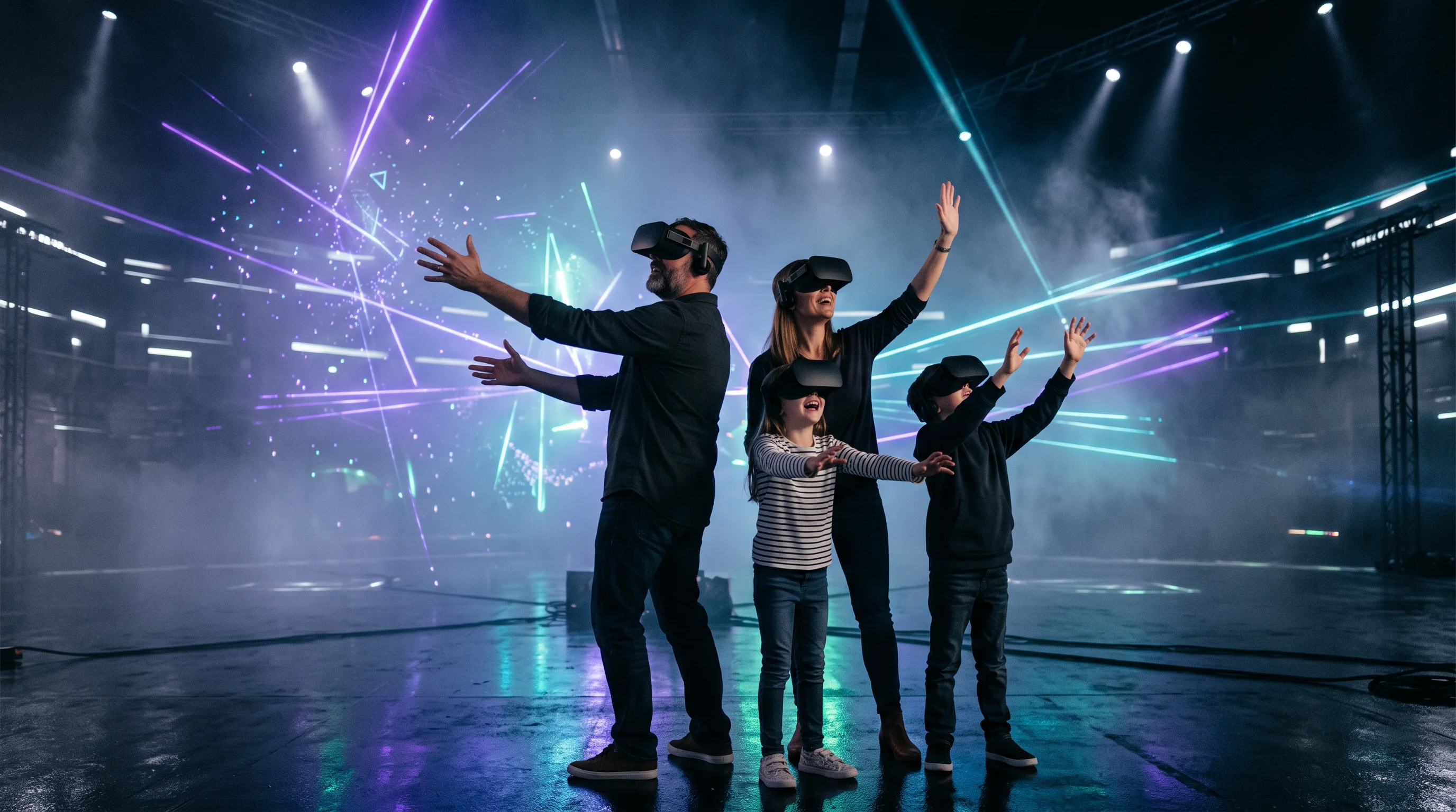 A family in VR headsets, bathed in light, fully immersed