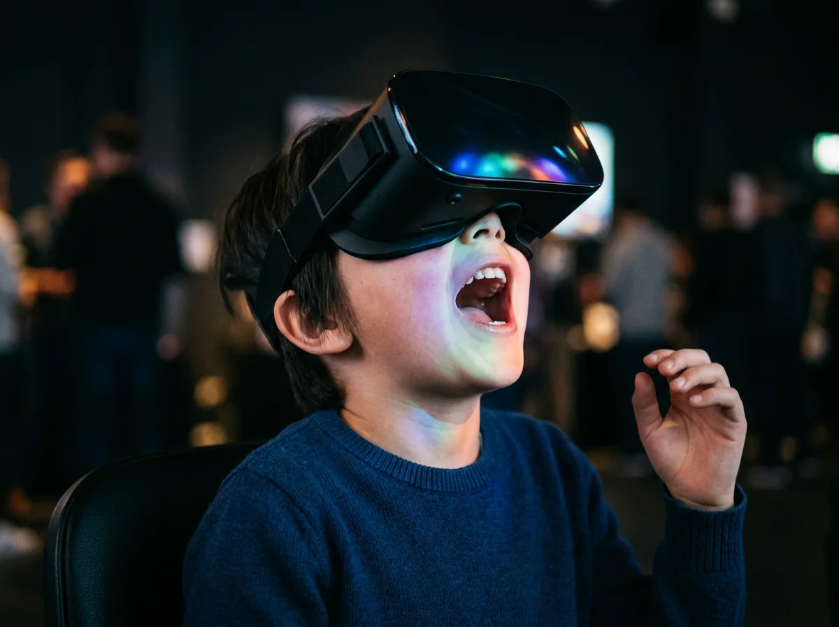 A boy in a VR headset, mouth open, as if he were flying