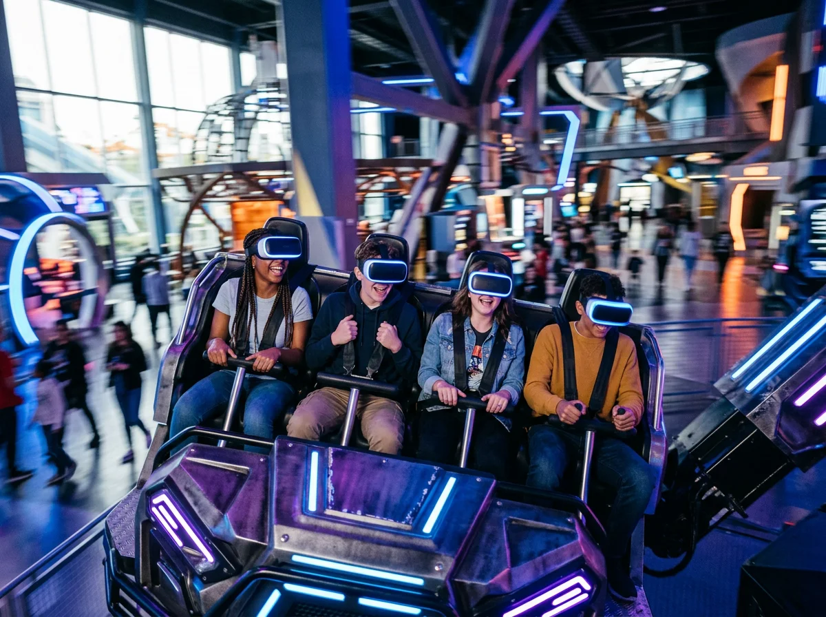Teenagers strapped into a motion simulator during a virtual space launch