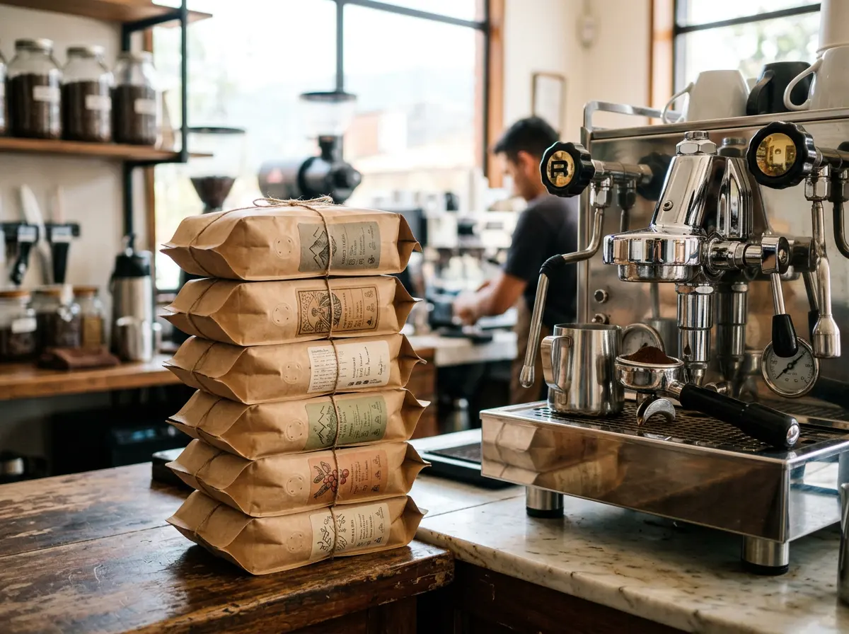 Kraft coffee bags stacked beside an espresso machine