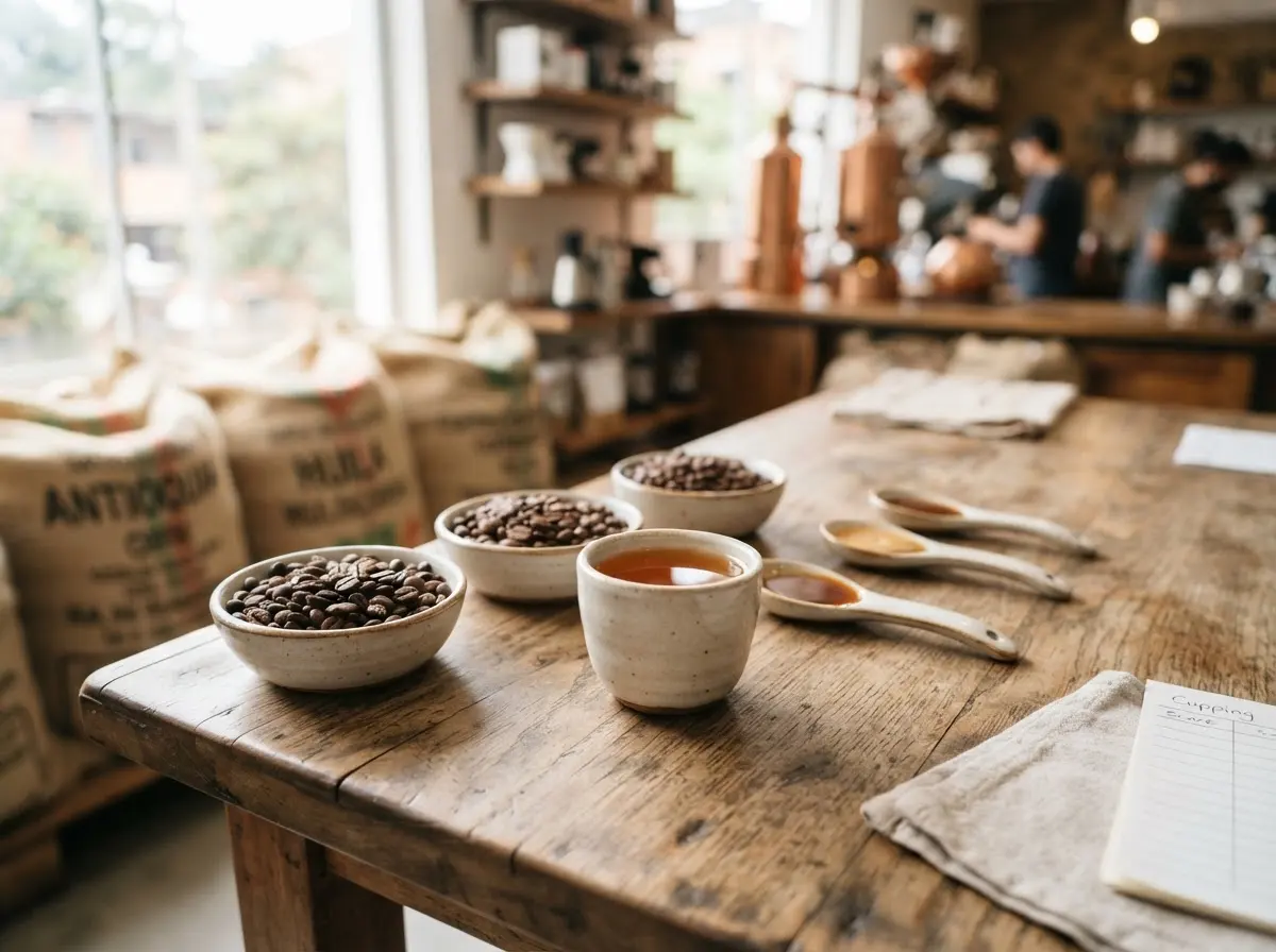 A wooden table with bowls of coffee beans, cups and cupping spoons, and coffee sacks in the background
