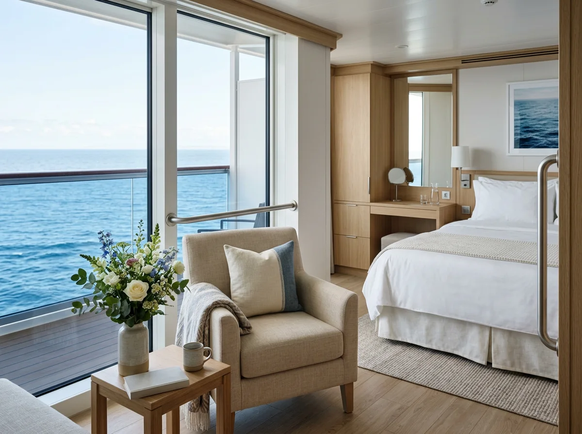 A bright, spacious cabin with a bed at a comfortable height and a large window onto the sea.