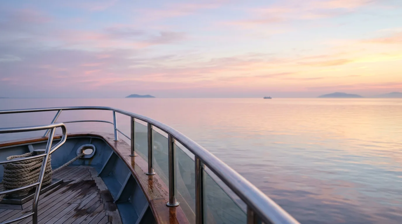 A calm sea at dawn, seen from the ship’s bow.