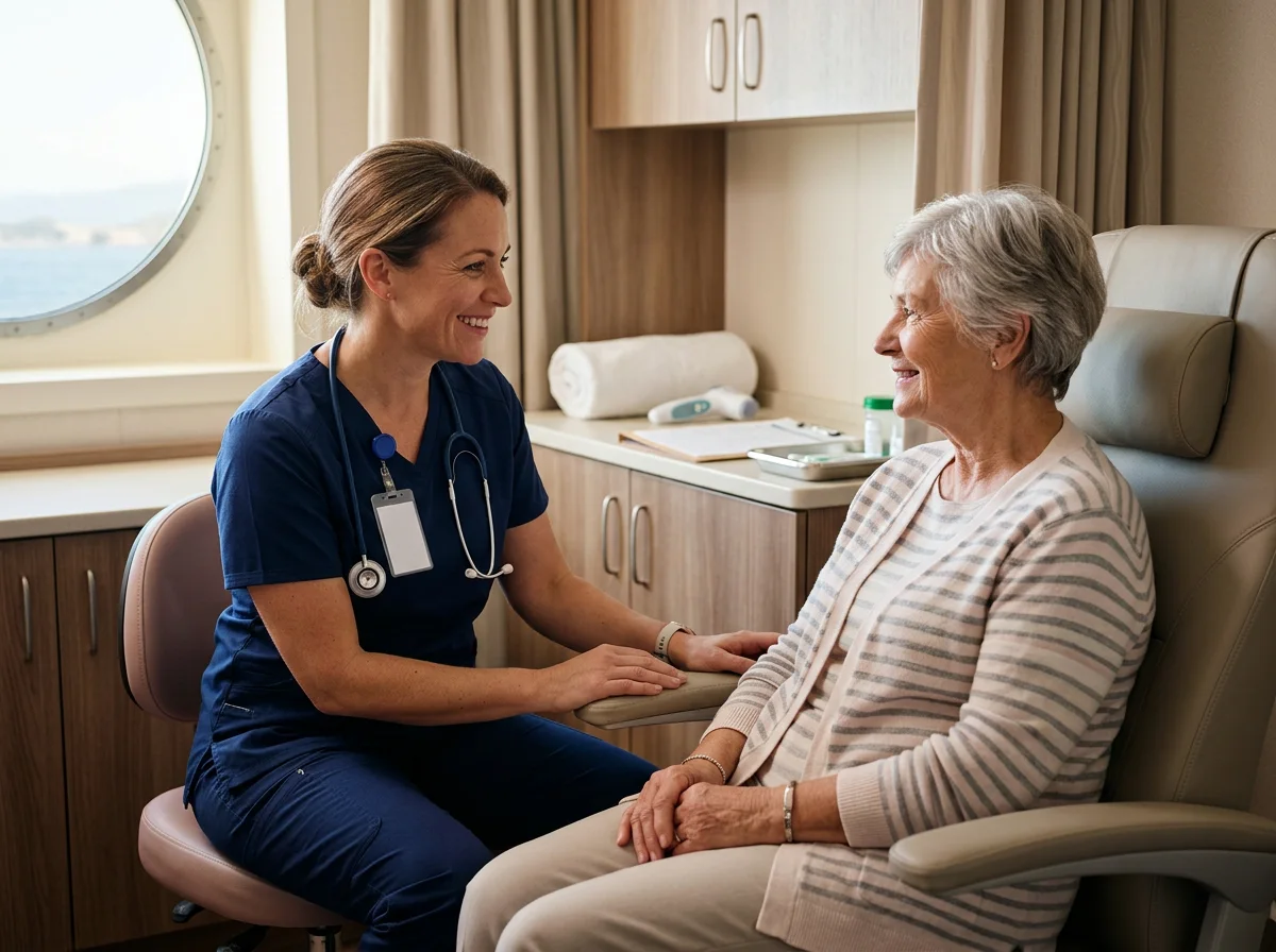 A ship’s nurse talks calmly with an older passenger.