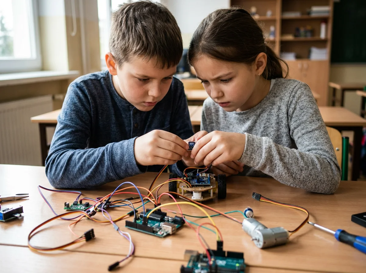A girl and a boy wire up the cables and sensors of a small robot in Nodo&rsquo;s Robotics class
