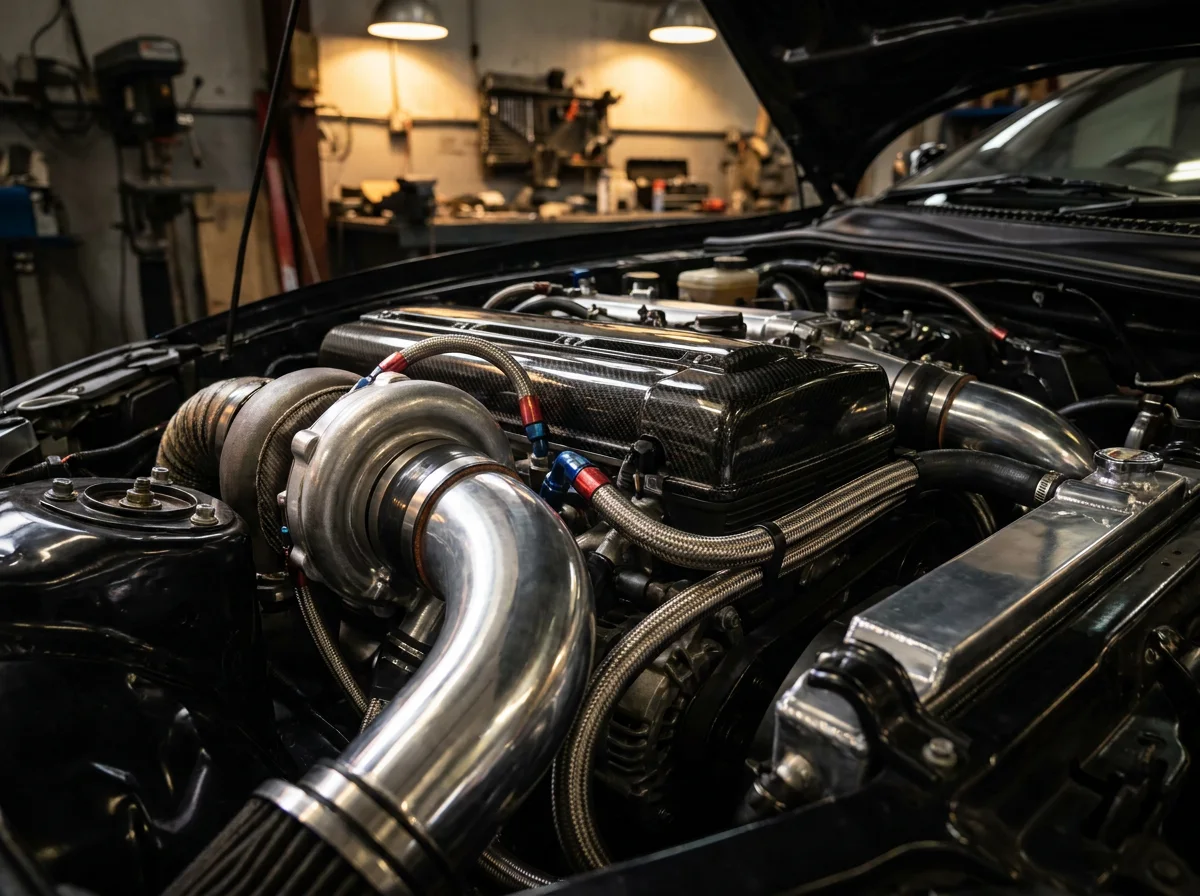 A built engine bay with turbo, intake piping and carbon-fiber parts