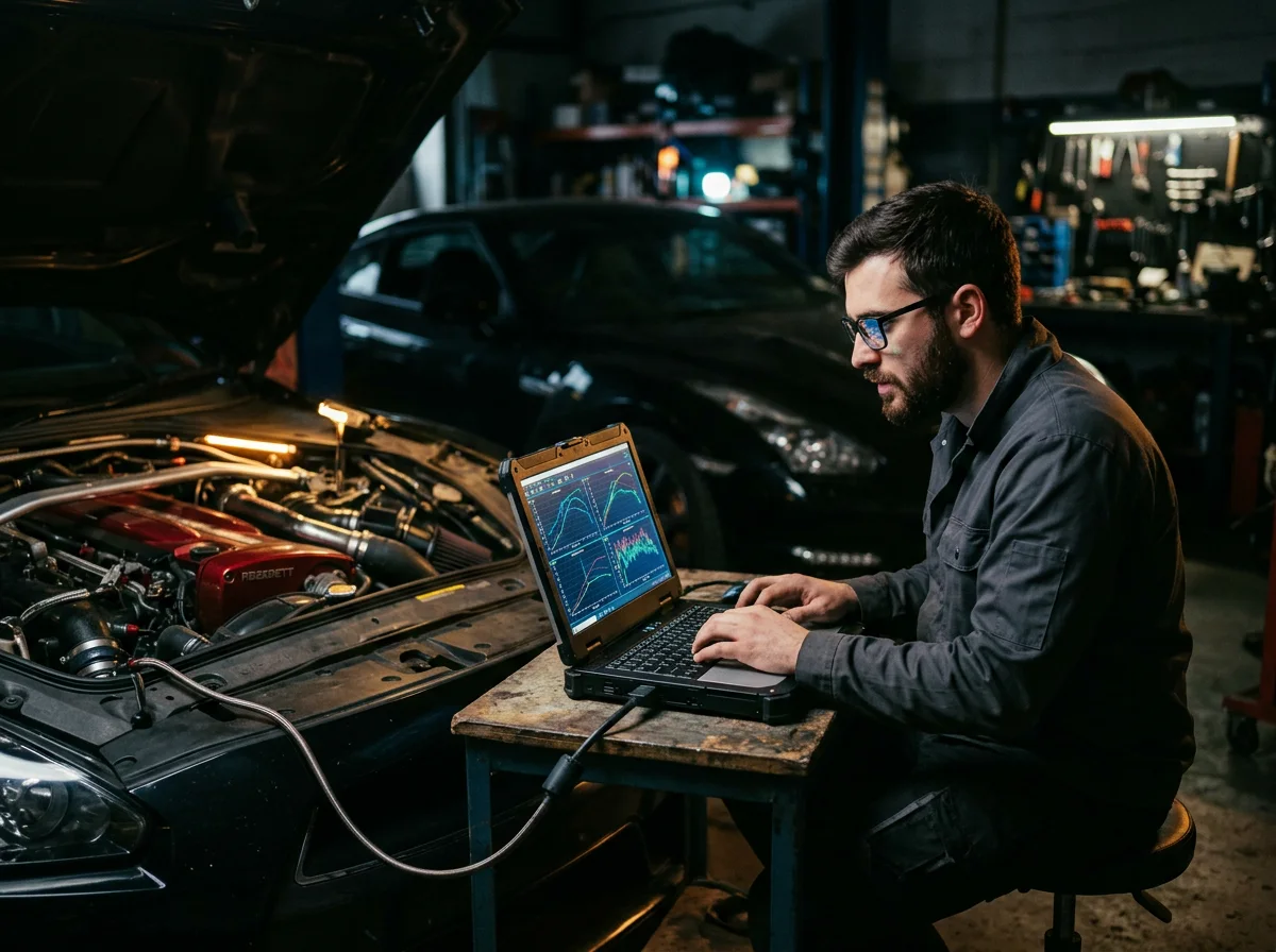 A Torque Lab engineer adjusting an engine map on a laptop beside the car