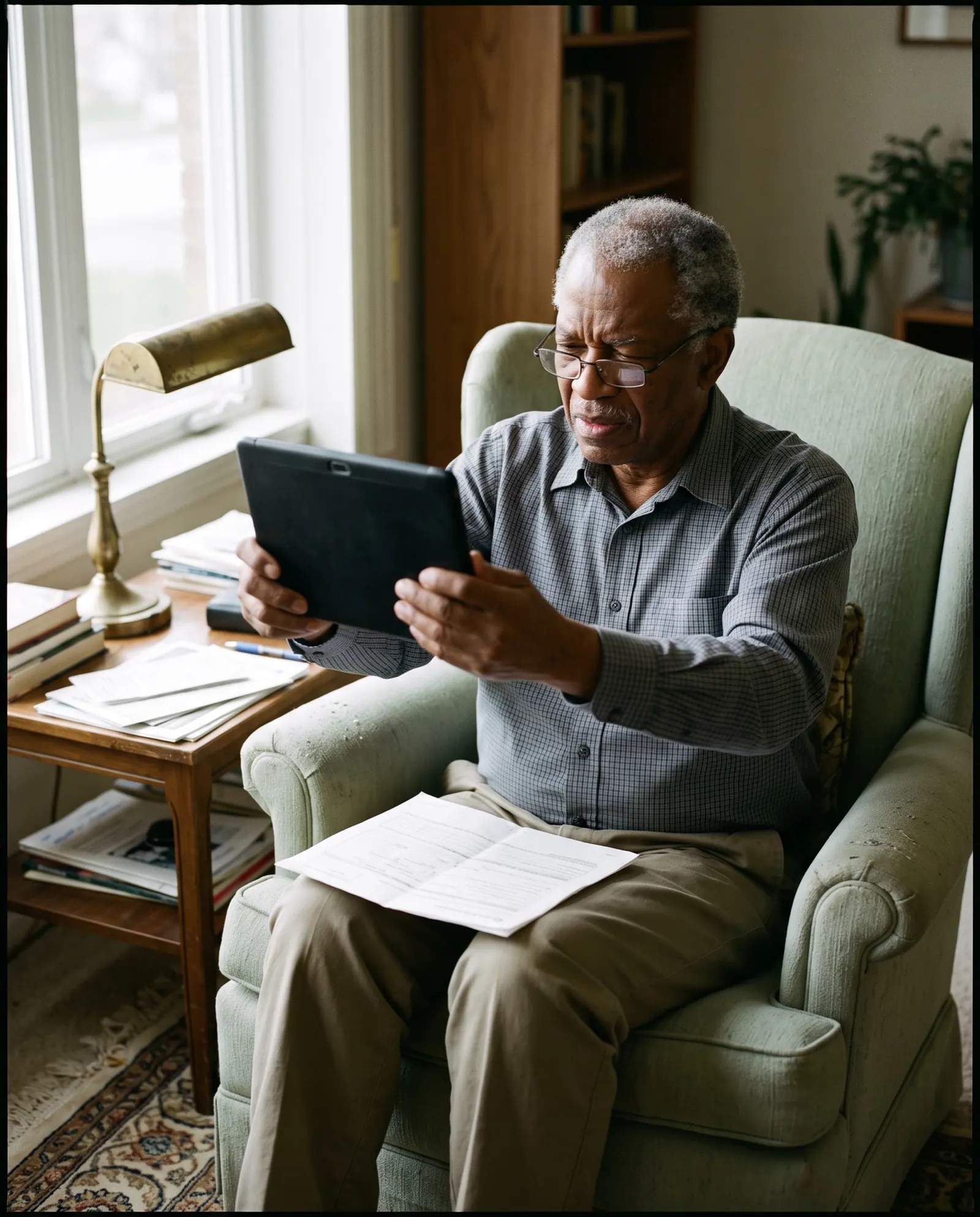 A retired man with reading glasses holds a tablet at arm's length, a paper tax form on his lap