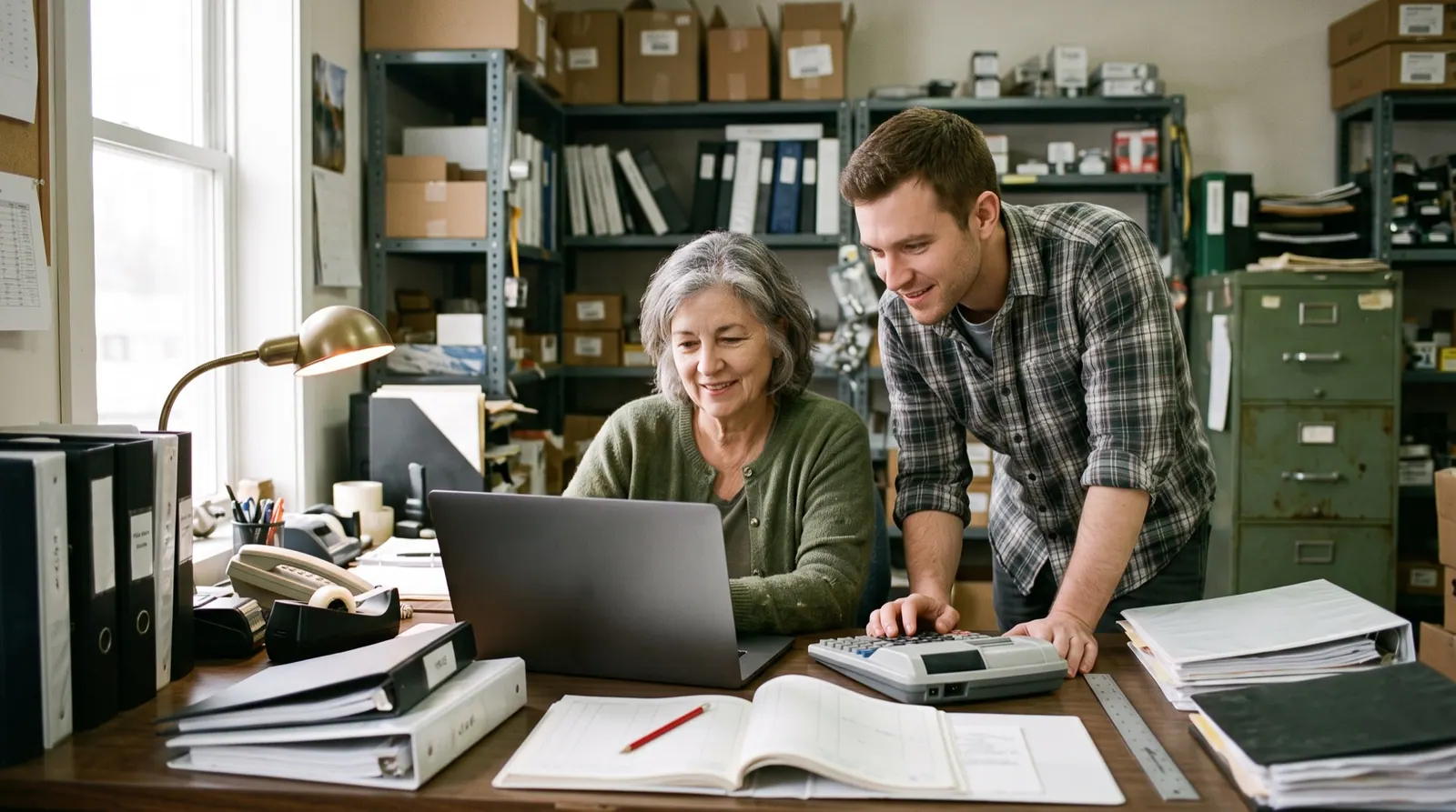 A hardware store owner and her bookkeeper look at a laptop together in a cluttered back office