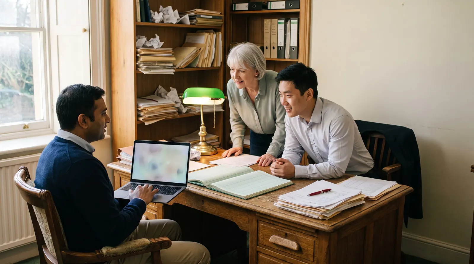 An agency owner turns a laptop toward two partners of a small accounting practice at an old wooden desk