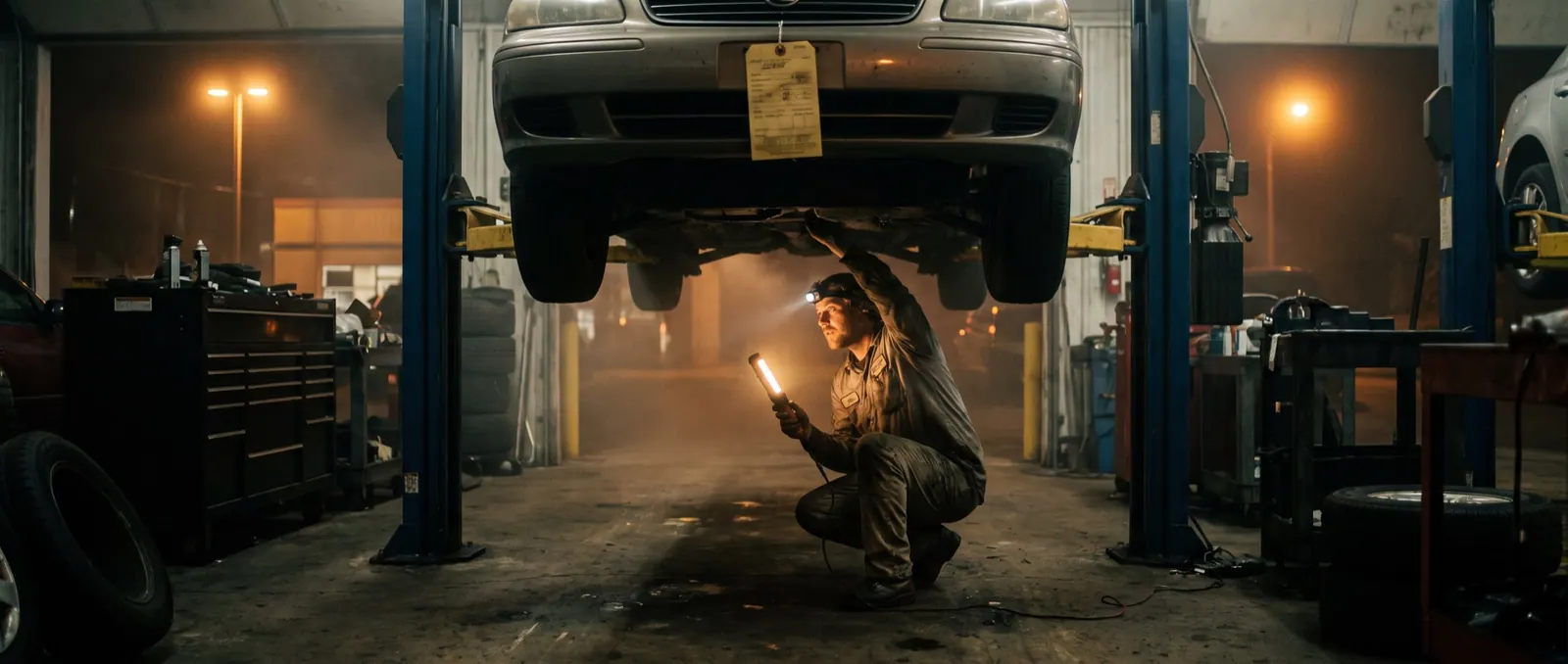 A technician under a car on a lift with a work light, a yellow service tag hanging from the mirror