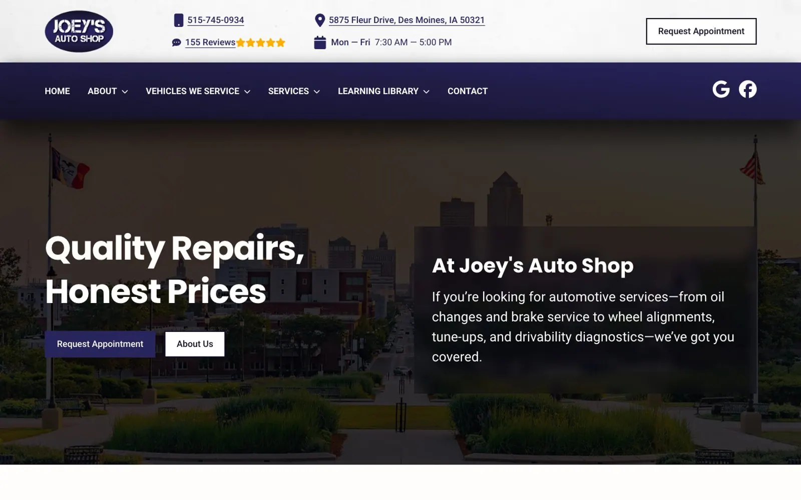 The home page of Joey's Auto Shop