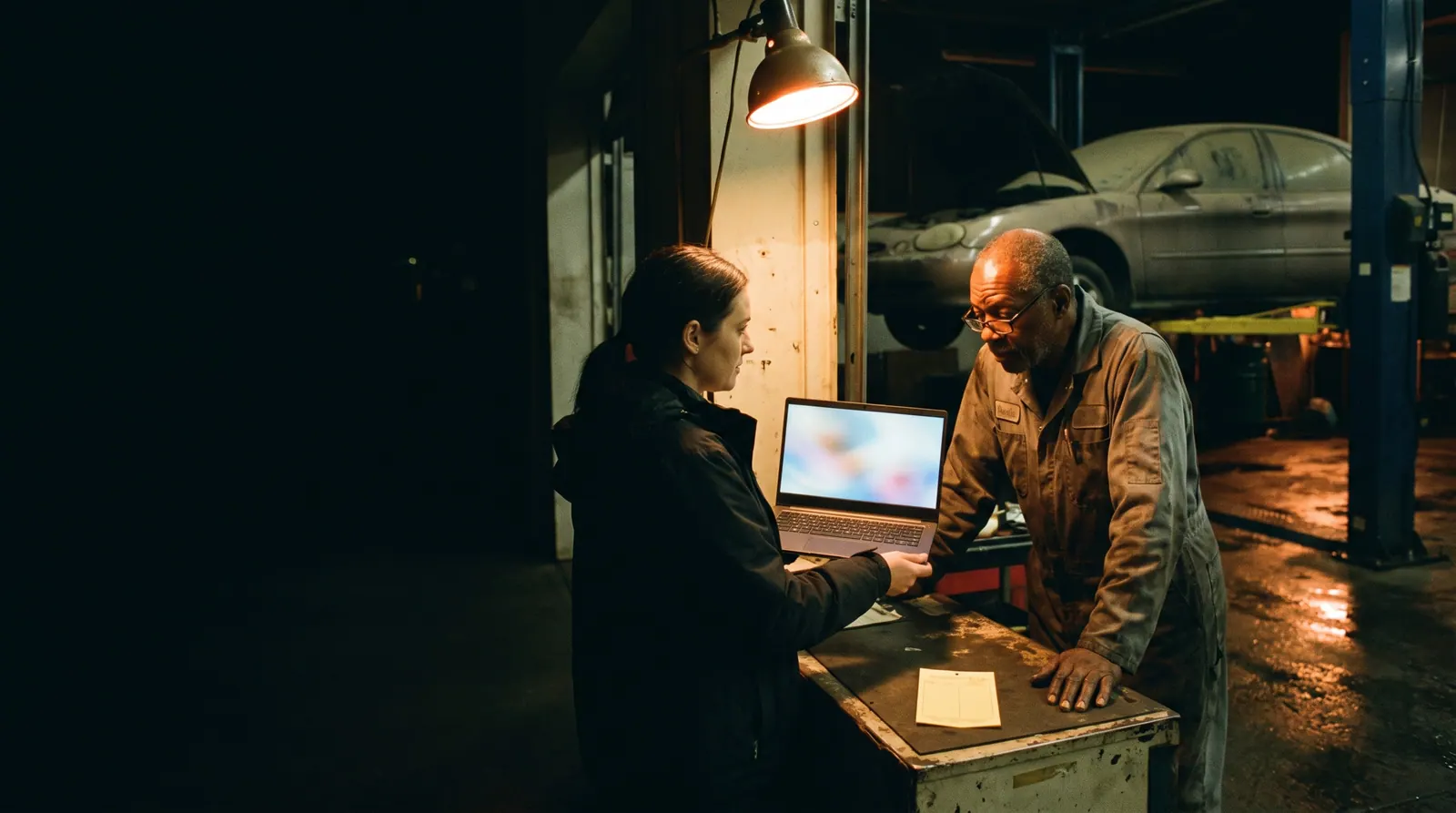 After closing, an agency owner shows a laptop to a shop owner at the service counter of an independent garage