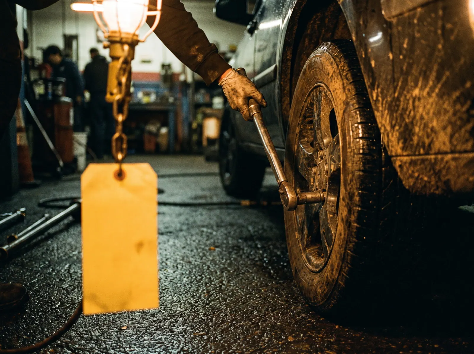 A mechanic tightens a lug nut with a torque wrench beside a blank yellow service tag
