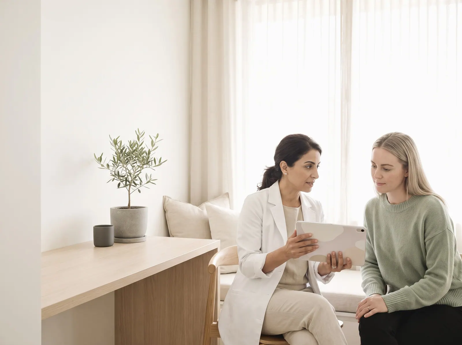 A cosmetic dentist explaining a treatment plan on a tablet to a patient seated beside her