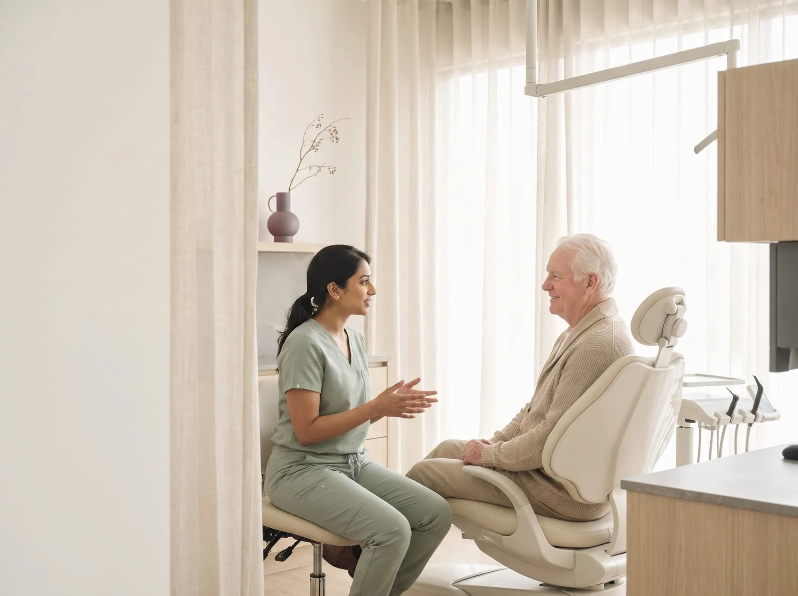 A hygienist in sage scrubs explaining something to an older man seated upright in a cream dental chair, in a sunlit treatment room