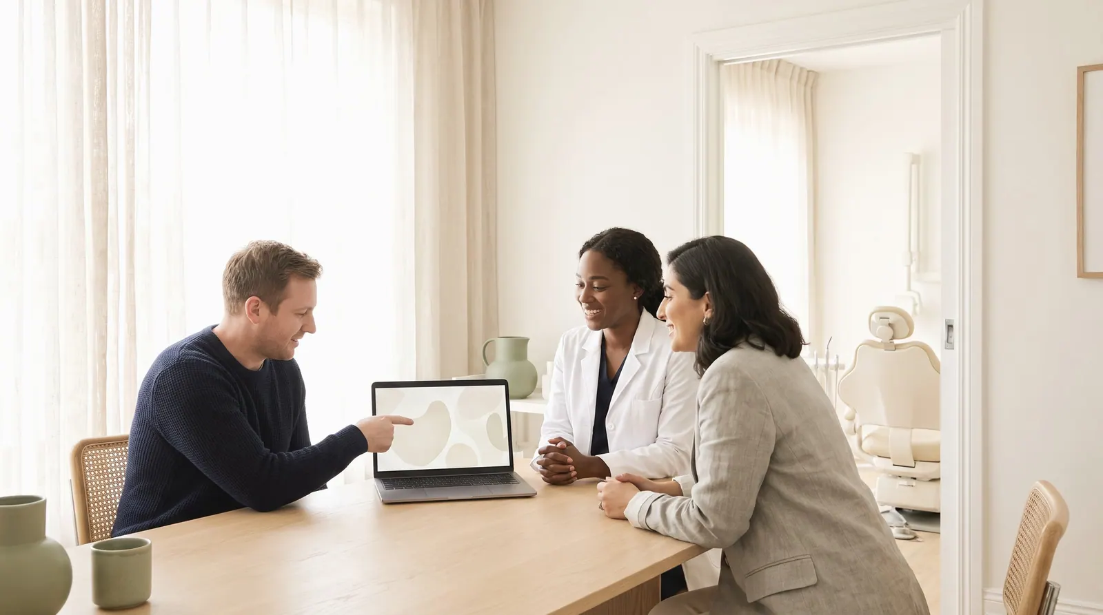 An agency owner turns a laptop toward a dentist and a practice manager at a pale oak table in a bright consult room