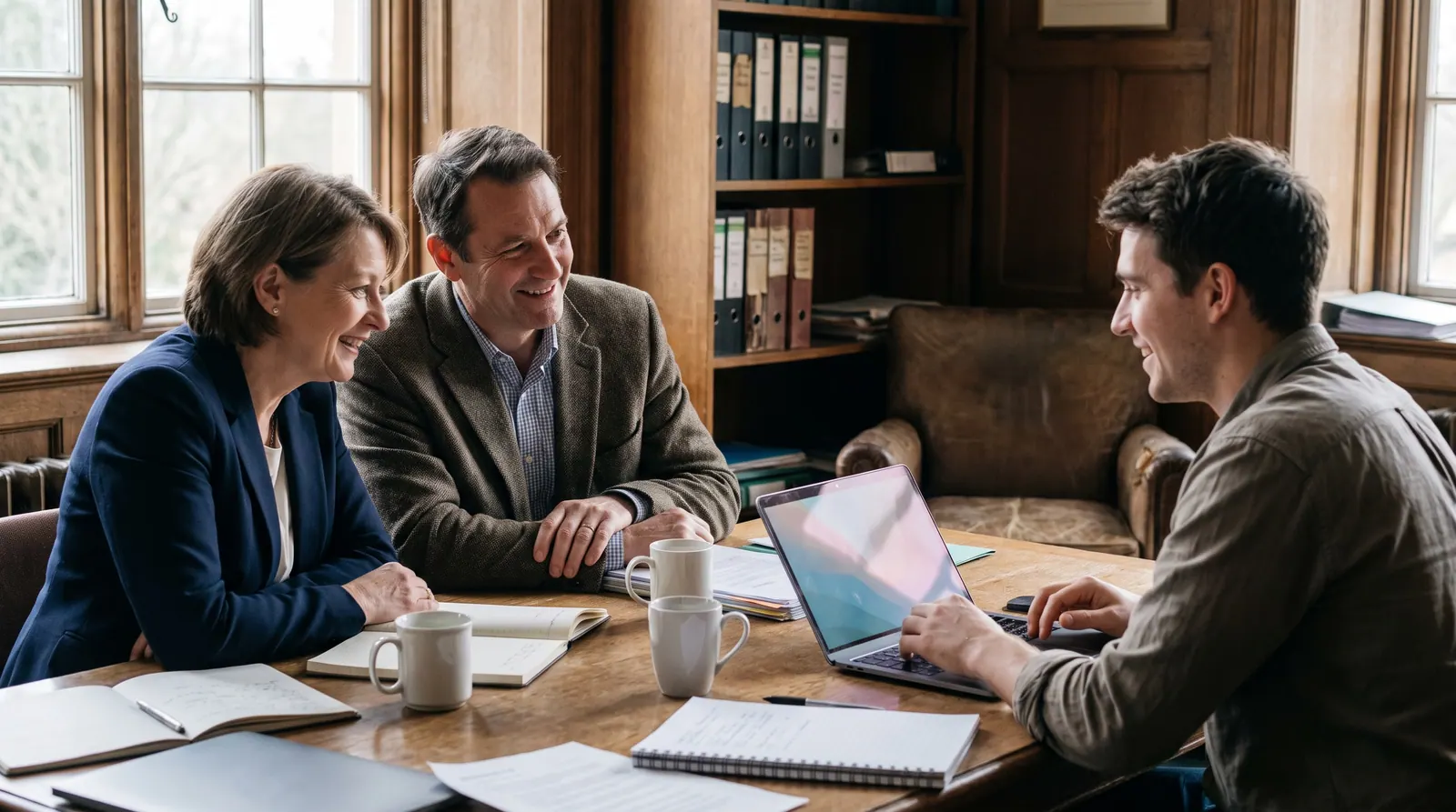 An agency owner showing a laptop to a school head and a bursar in a panelled office