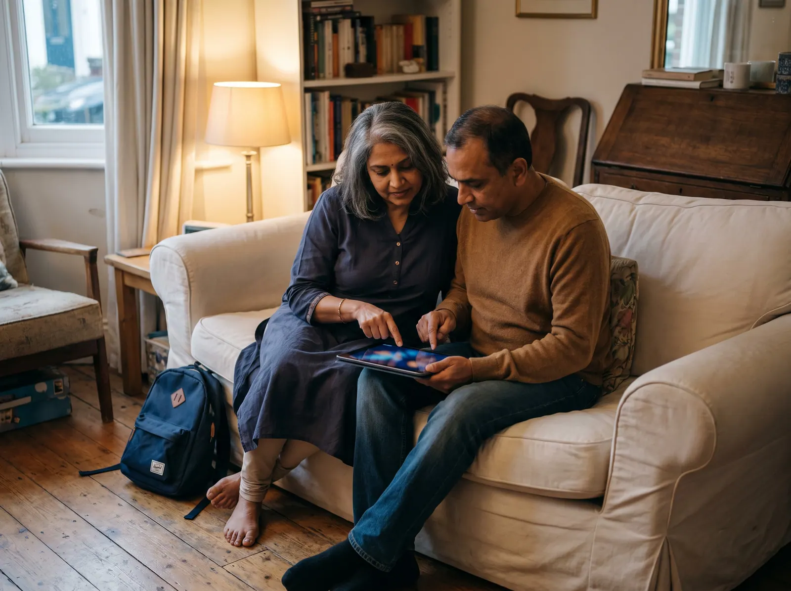 Two parents on a sofa in the evening comparing school websites on a tablet