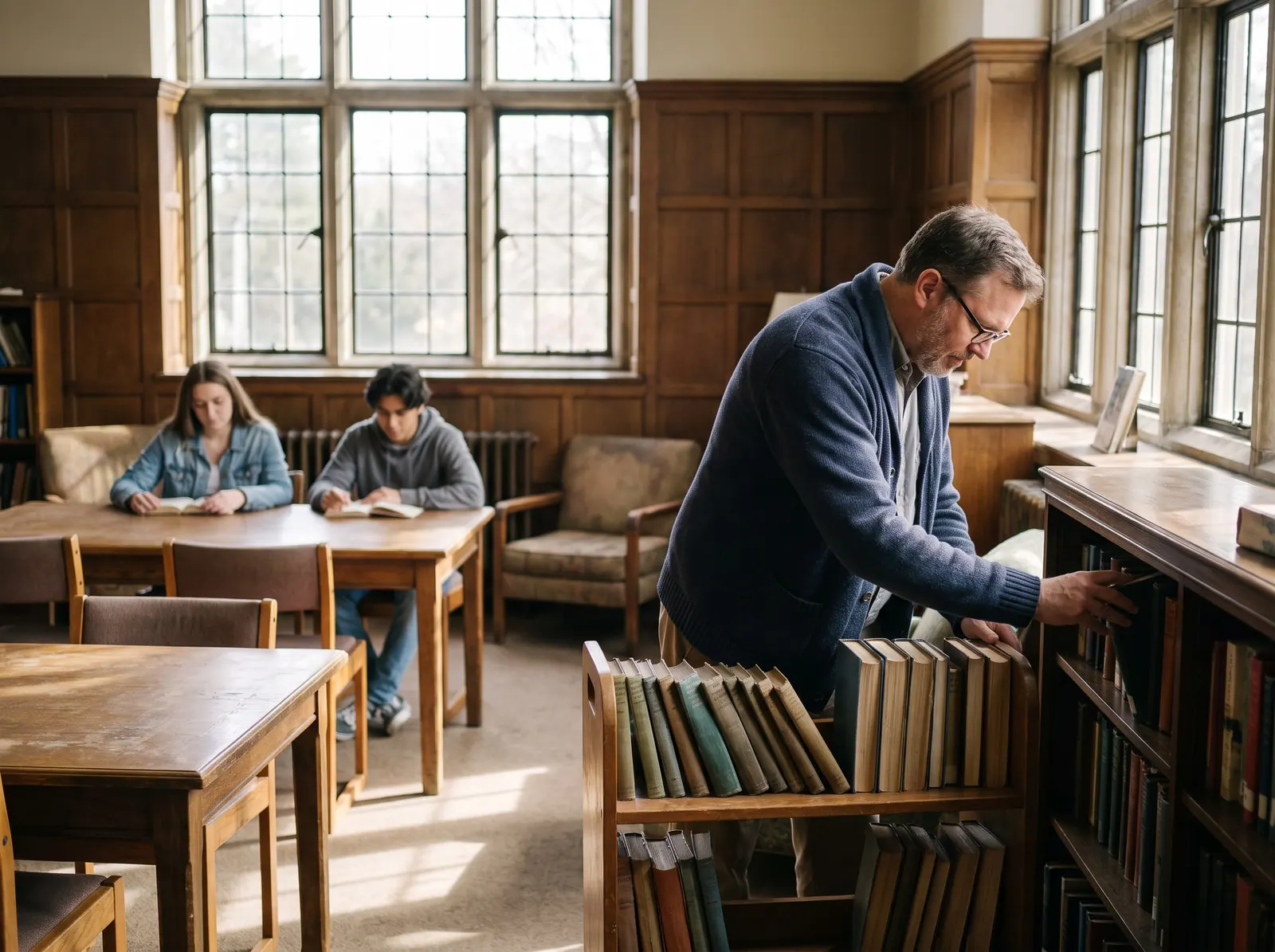 A teacher shelving books in an oak school library while two students read behind him