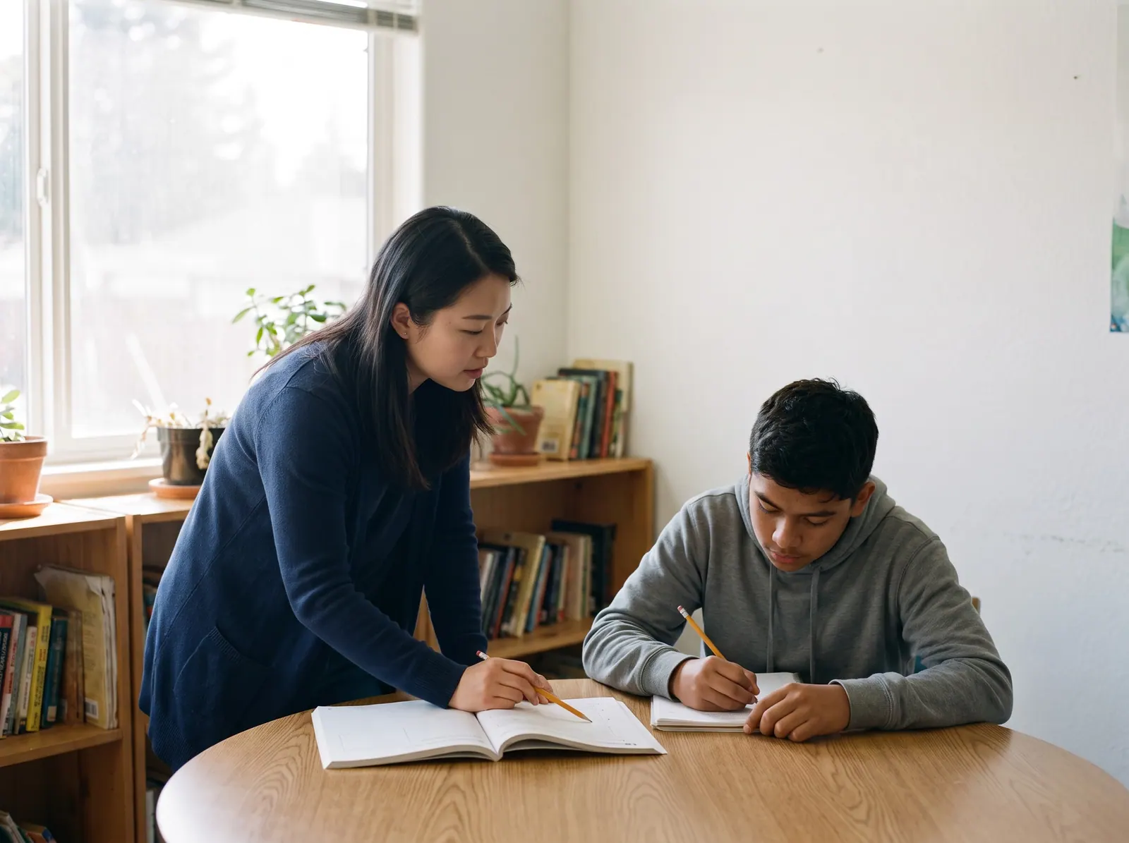 A tutor helping a teenage student with a workbook at a round table