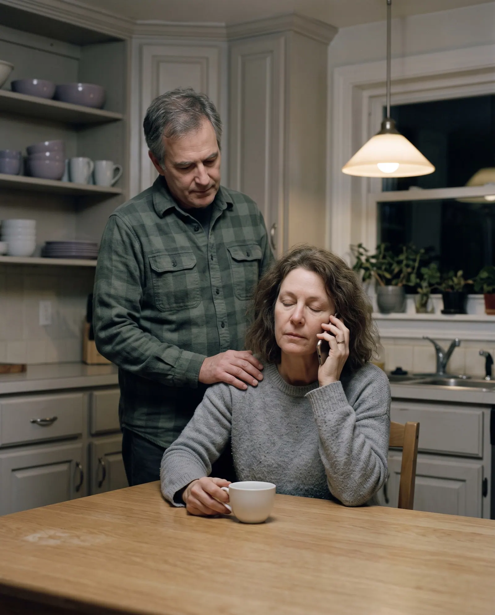 A woman on the phone at her kitchen table in the evening, eyes closed, her husband's hand on her shoulder
