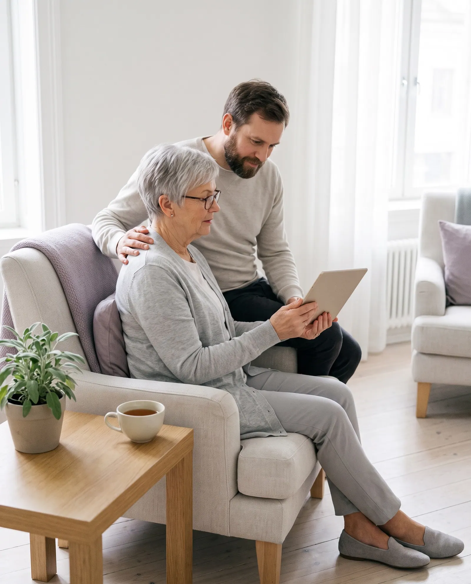 An older woman in an armchair quietly watches a tablet while her grandson rests a hand on her back