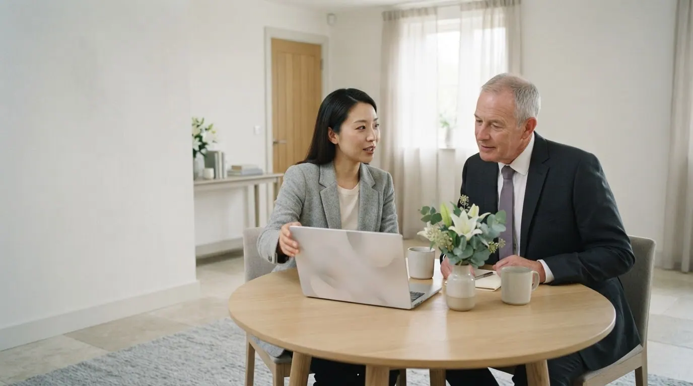 In a quiet, bright office, an agency owner shows a laptop to a funeral director at a round table with white flowers