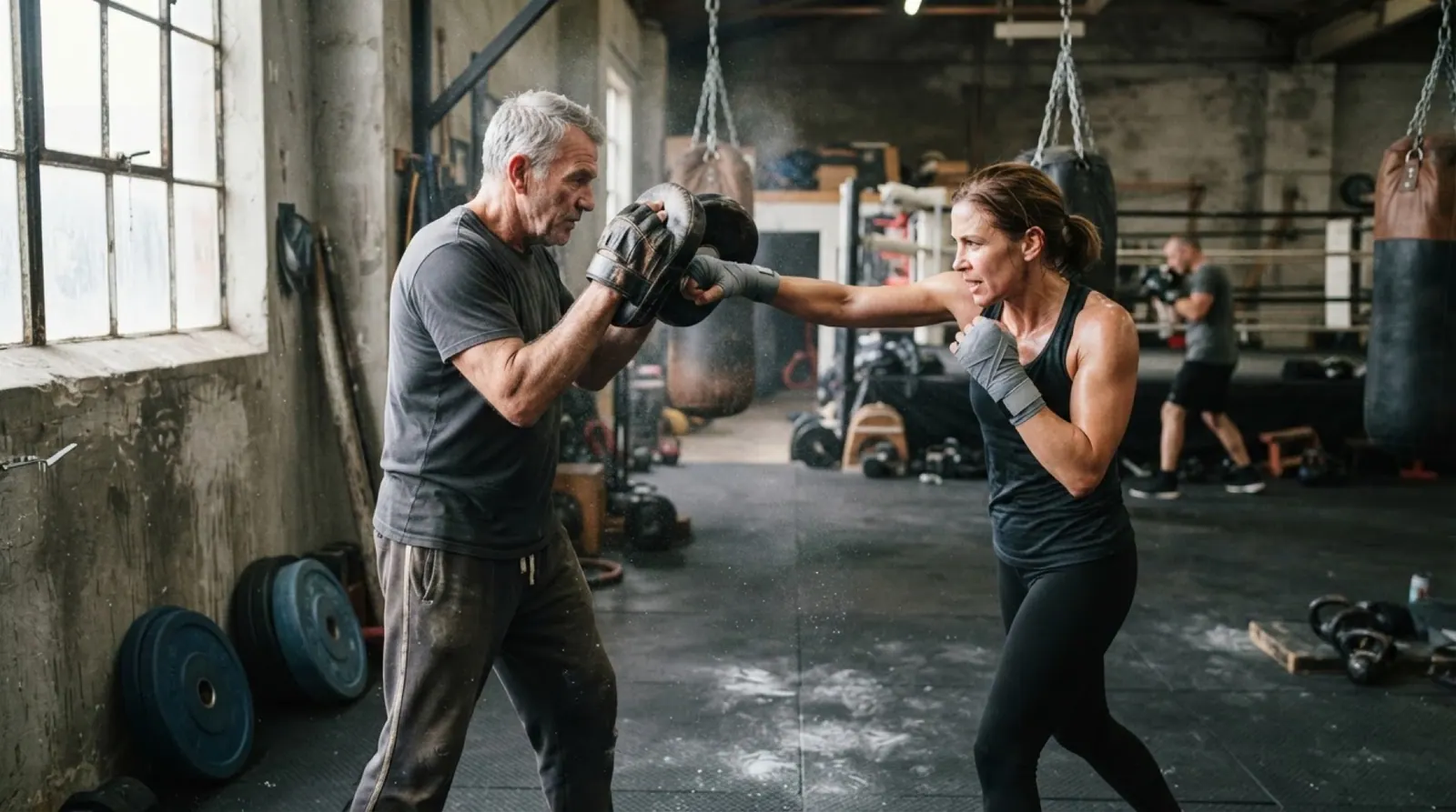 A grey-haired boxing coach holds focus pads for a woman in her forties throwing a punch