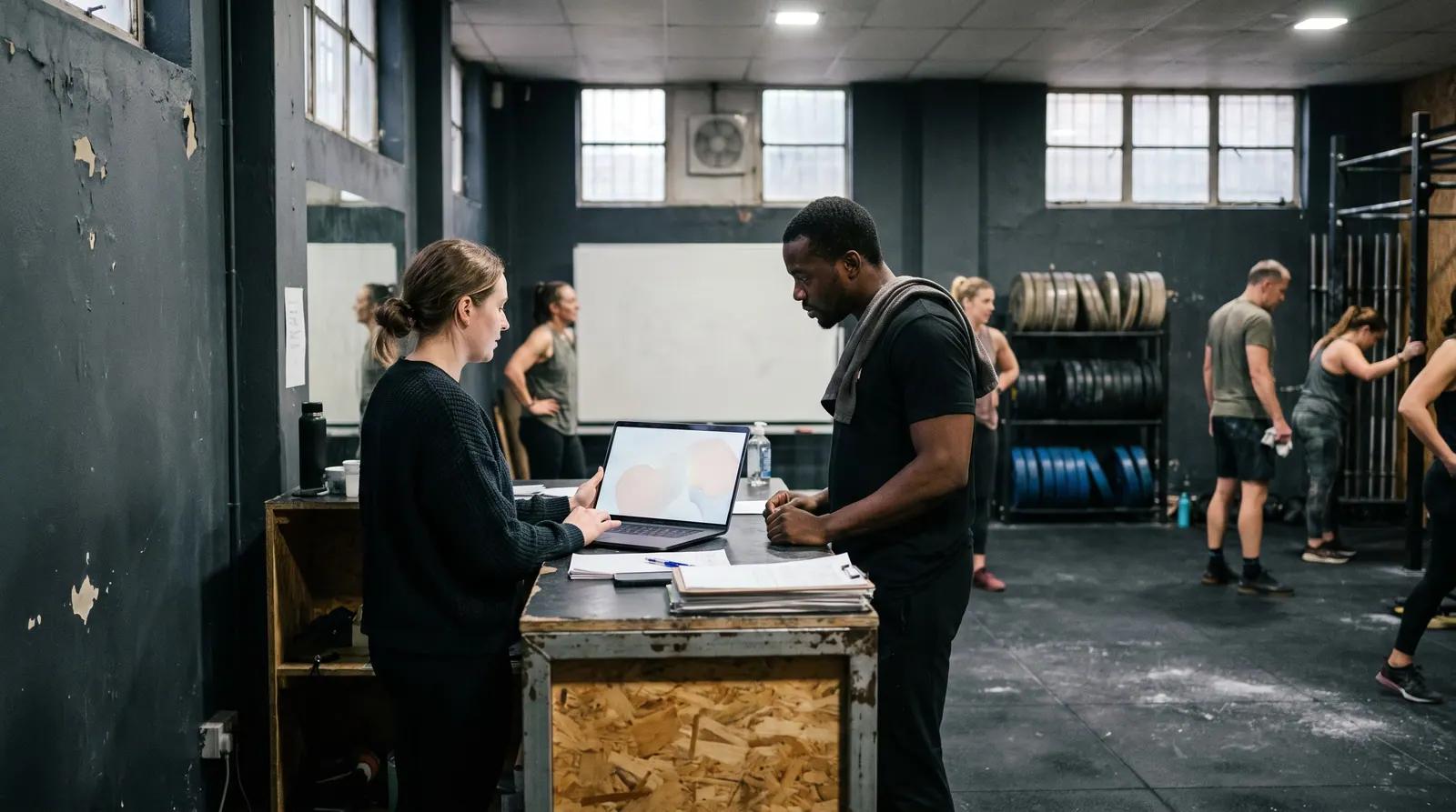 After the last class, an agency owner shows a laptop to a gym owner at the front desk of a small independent gym