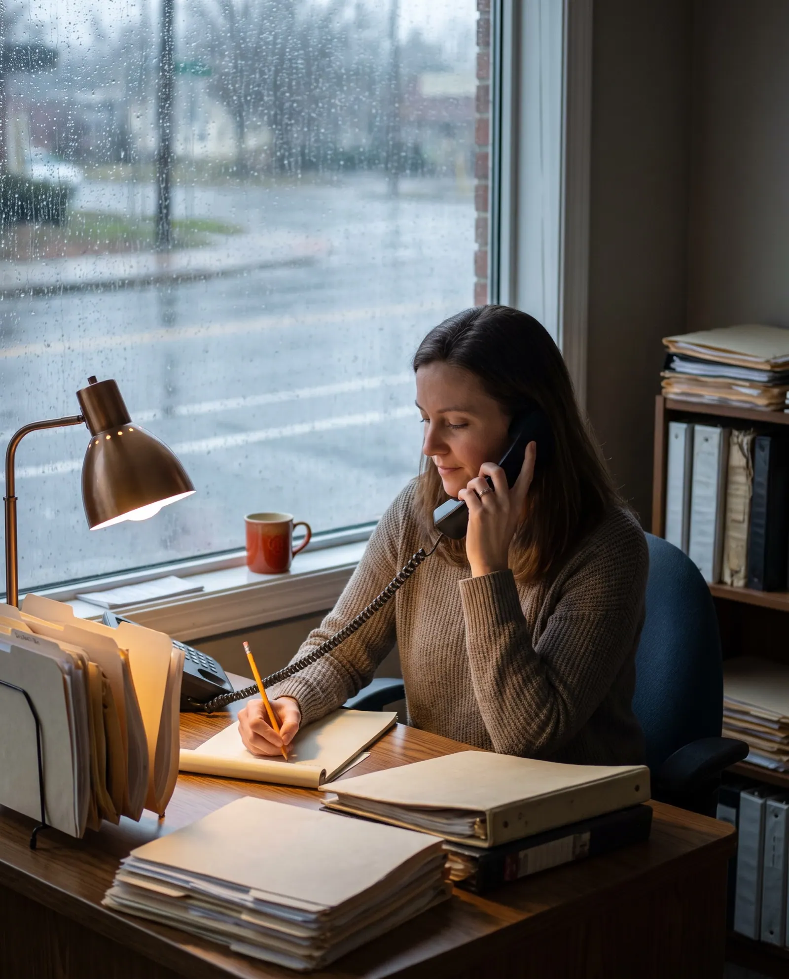 An agent takes notes on a desk phone call, a rain-streaked window and a lamp behind her