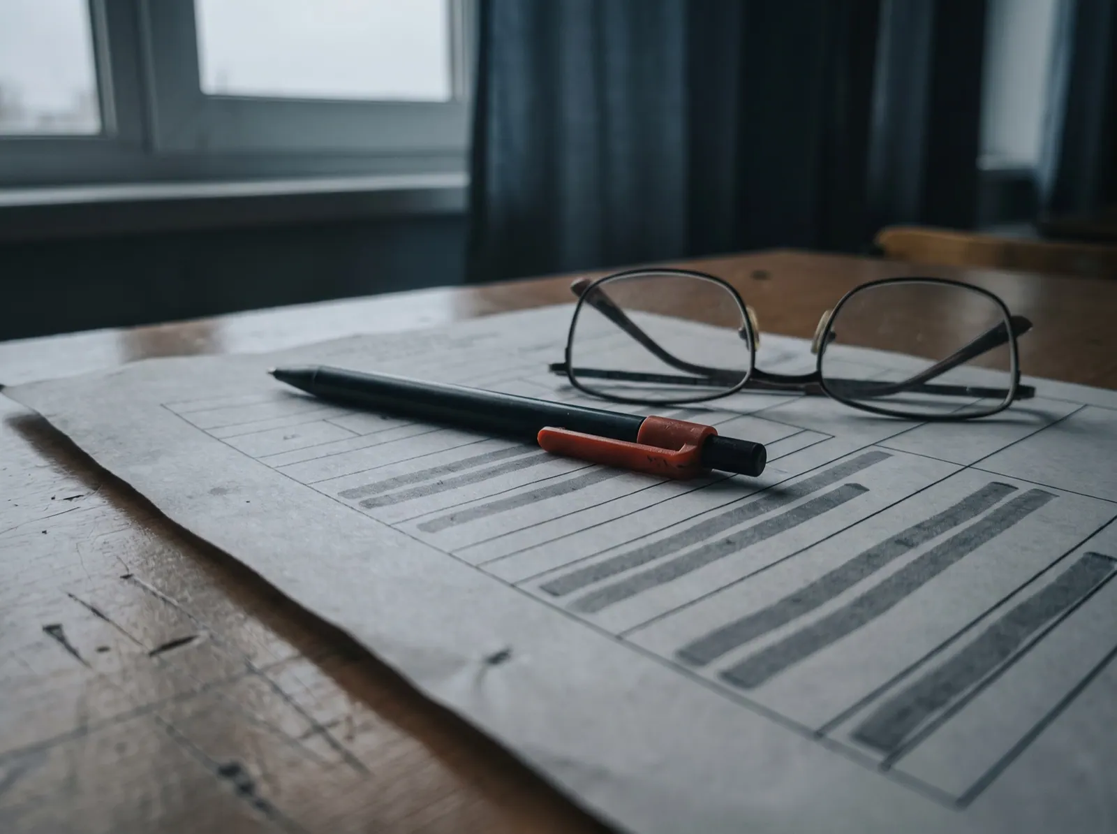 A printed policy page with ruled boxes, a pen and reading glasses on a desk in grey storm light