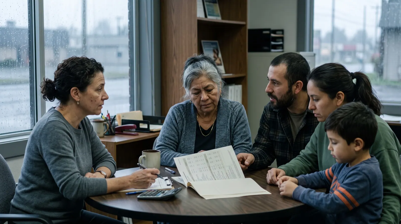 An agent at a round office table goes over a printed sheet with a grandmother, two adults and a boy