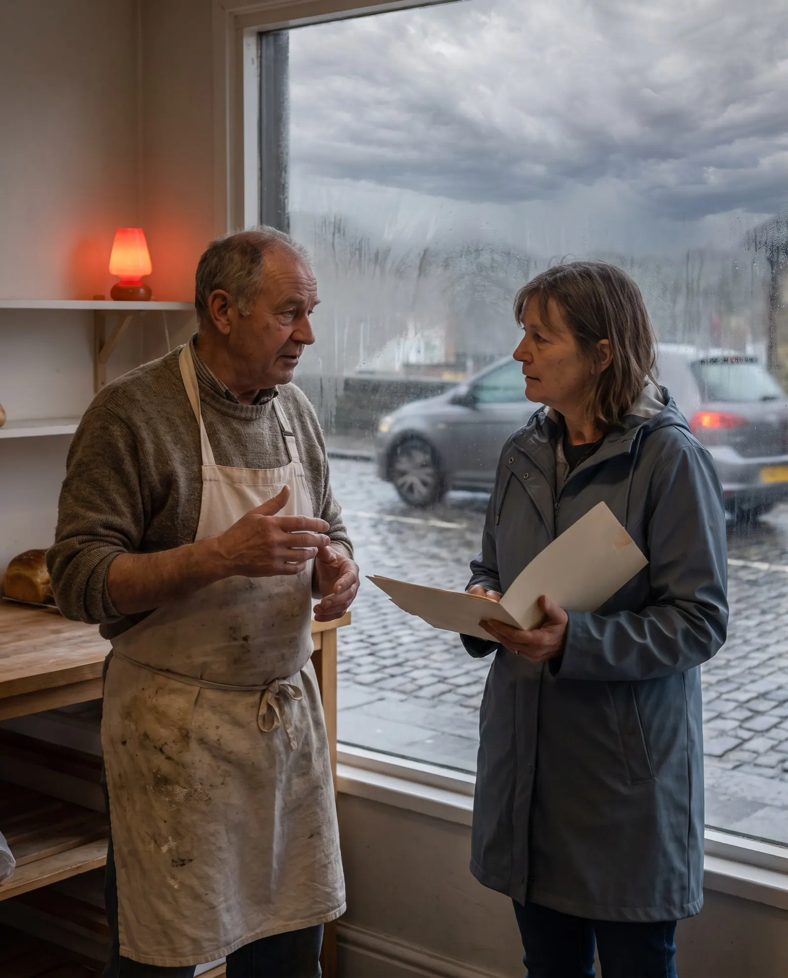 A baker in an apron talks with a woman holding a folder inside his shop on a rainy day