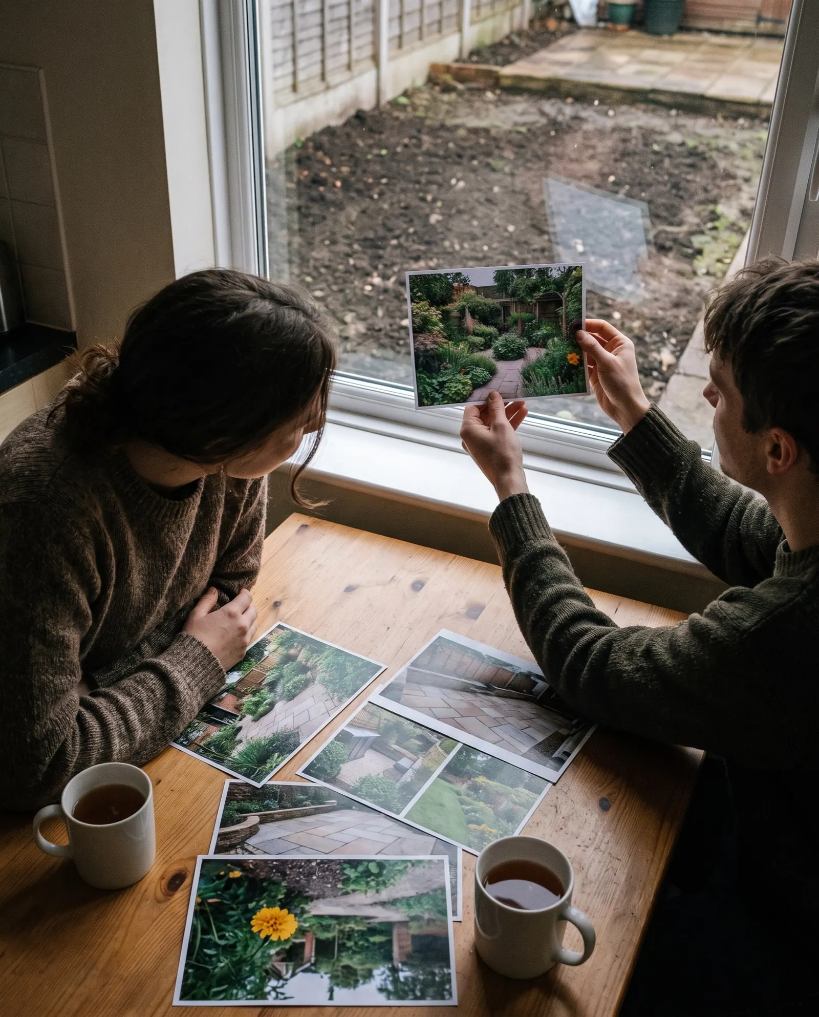 A young couple at a kitchen table hold a printed photo of a finished garden up against the view of their own bare yard