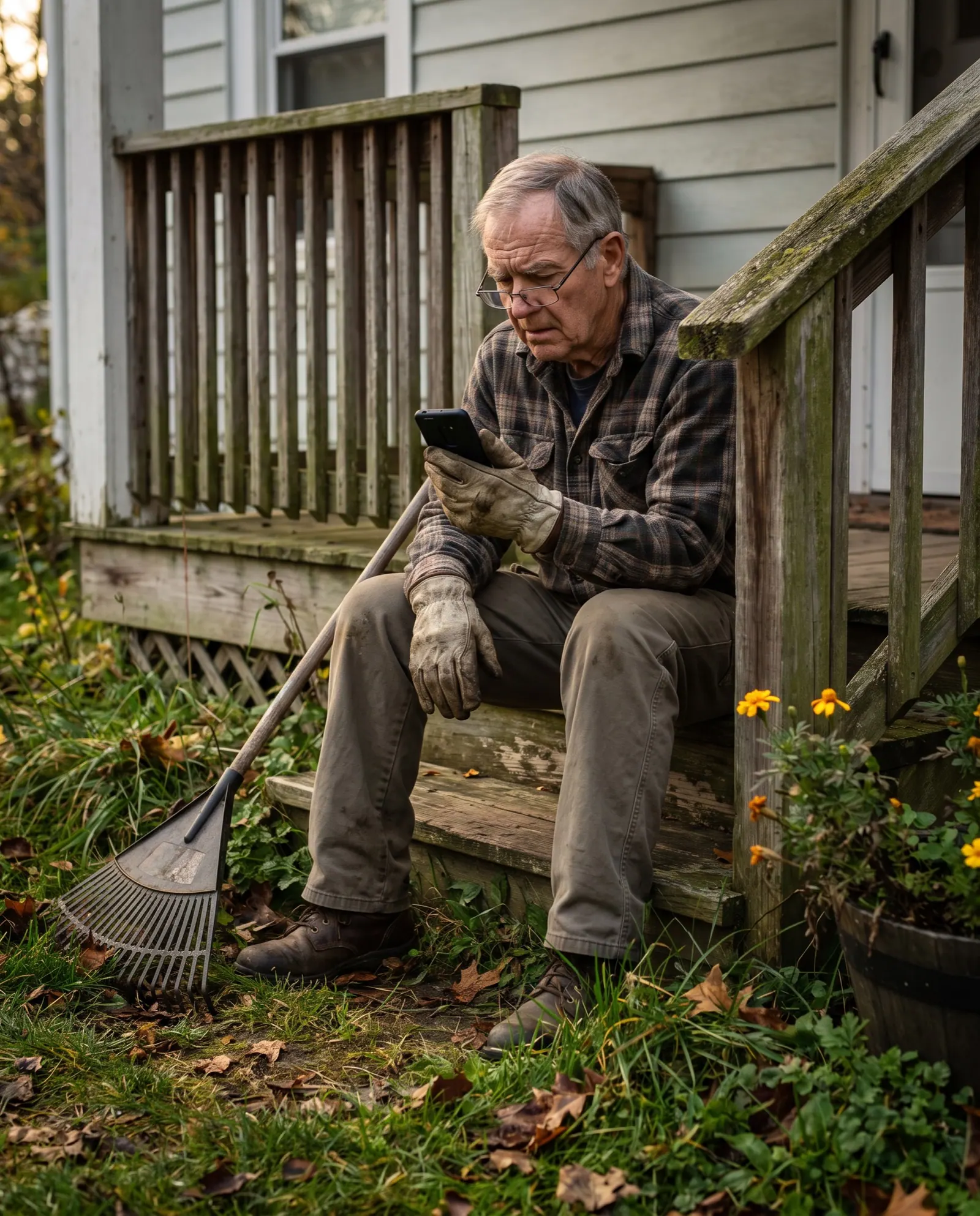 An older man in work gloves sits on his porch steps reading his phone through his glasses, a rake leaning beside him