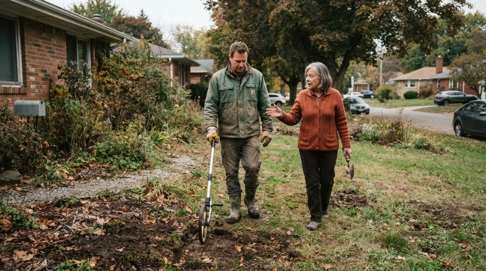 A landscaper pushes a measuring wheel along a patchy front lawn while the homeowner points to where a new bed could go