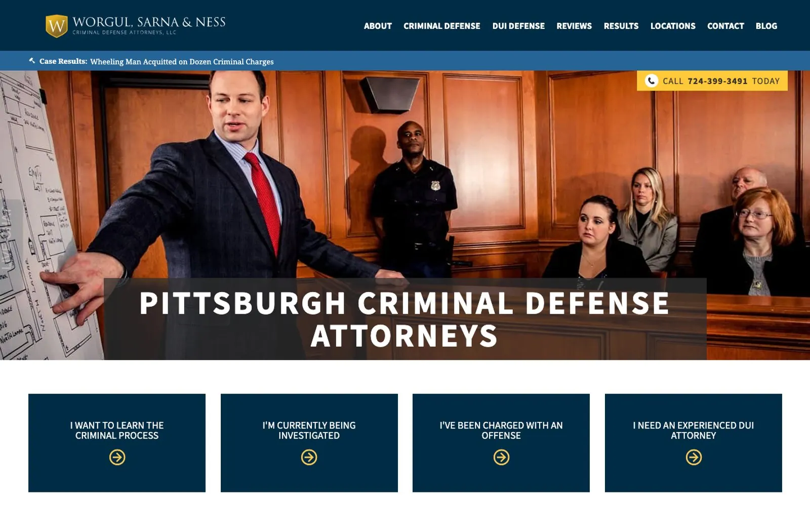 The home page of Worgul, Sarna & Ness, Criminal Defense Attorneys, LLC