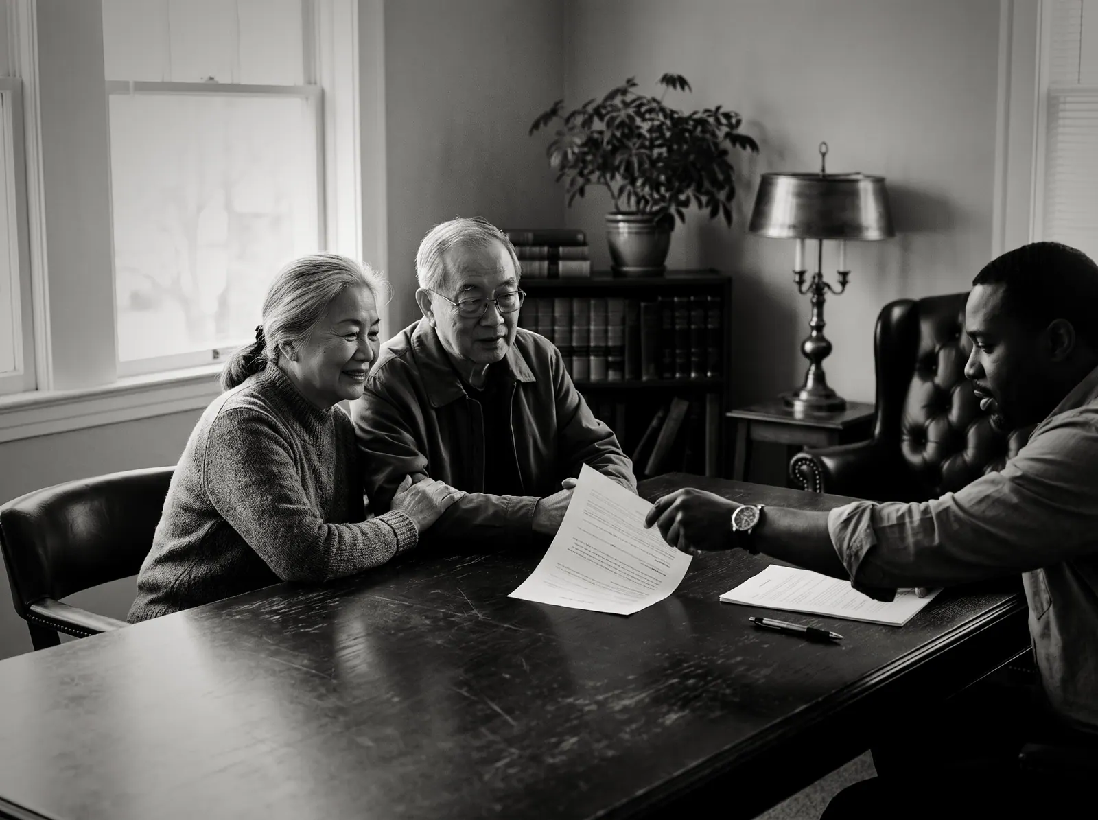 A lawyer walking an older couple through a document at a wooden table