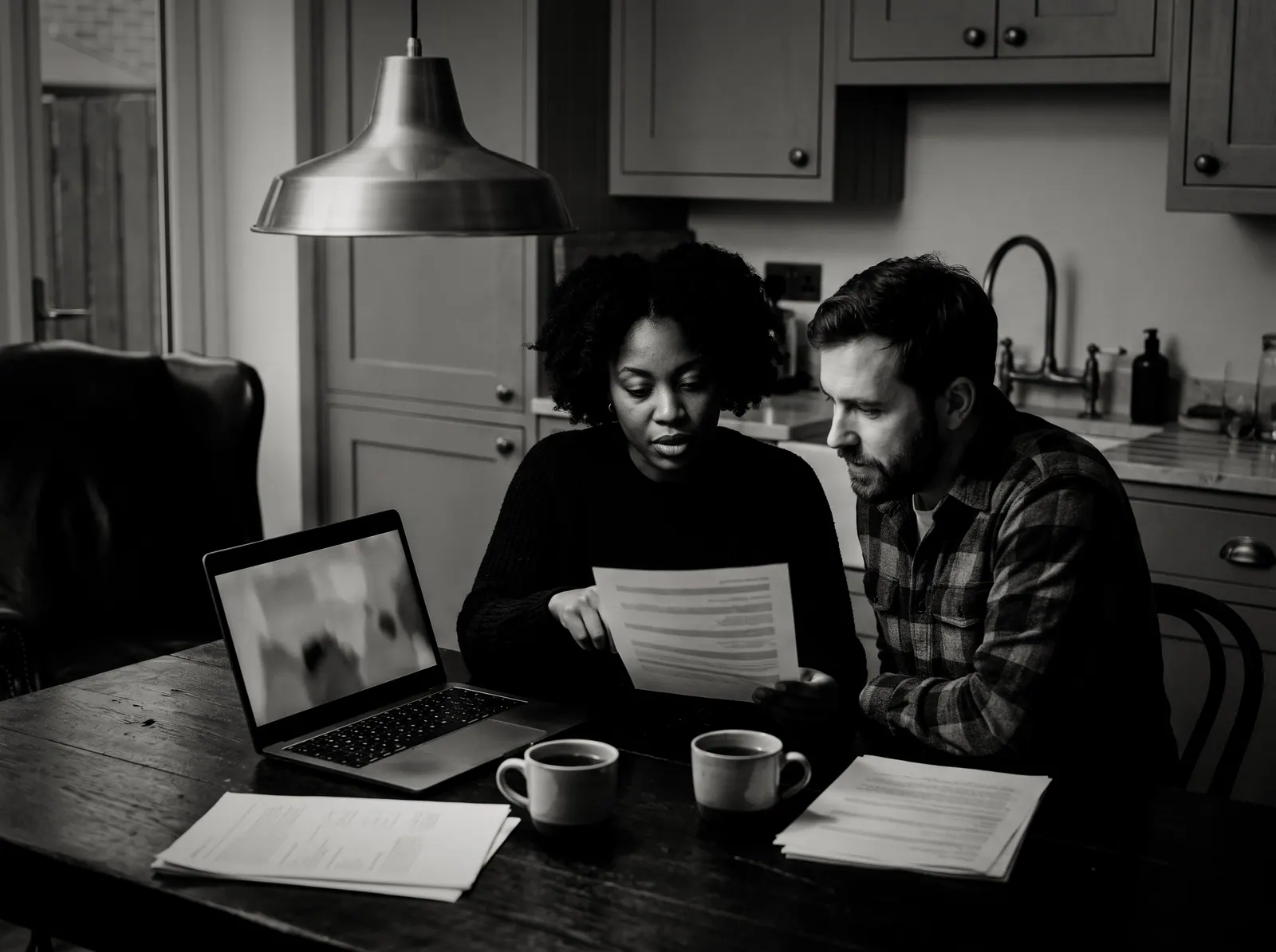 A couple at a kitchen table in the evening reading through papers together, a laptop open beside them